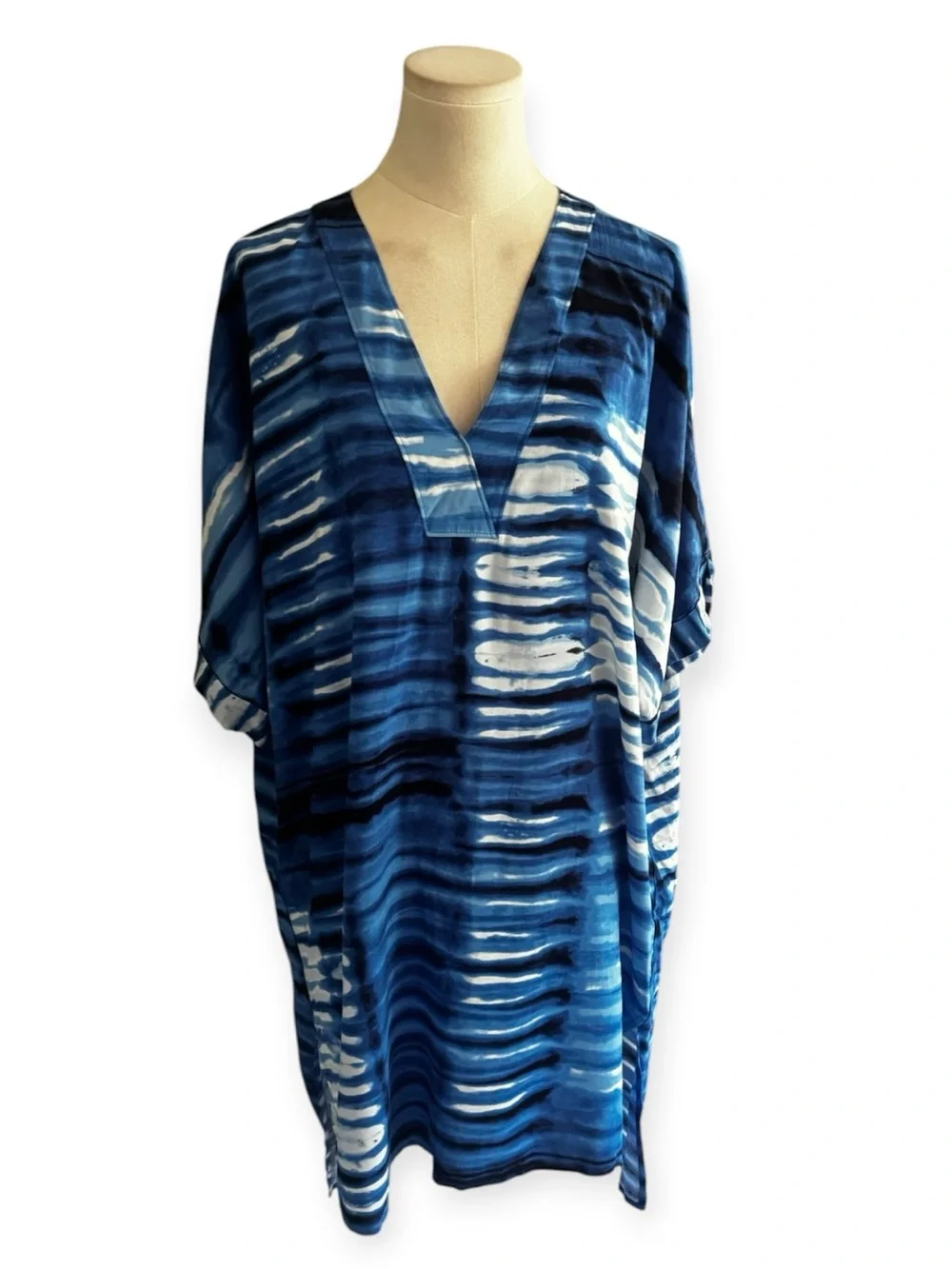NATORI Blue White Tie-Dye V-Neck Swim Coverup Mini Dress Resort L Pool Beach